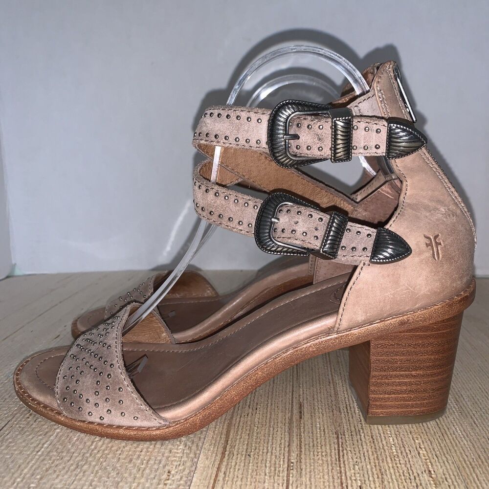 Frye Brielle Western Back-Zip Ankle Strap Beige Suede Studded Heels Women’s 8M - Picture 3 of 16